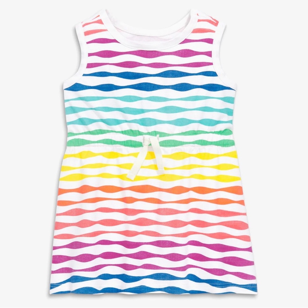 NWT Primary Drawstring Rainbow Wave Dress 100% Cotton Baby Girls Size 12-18M